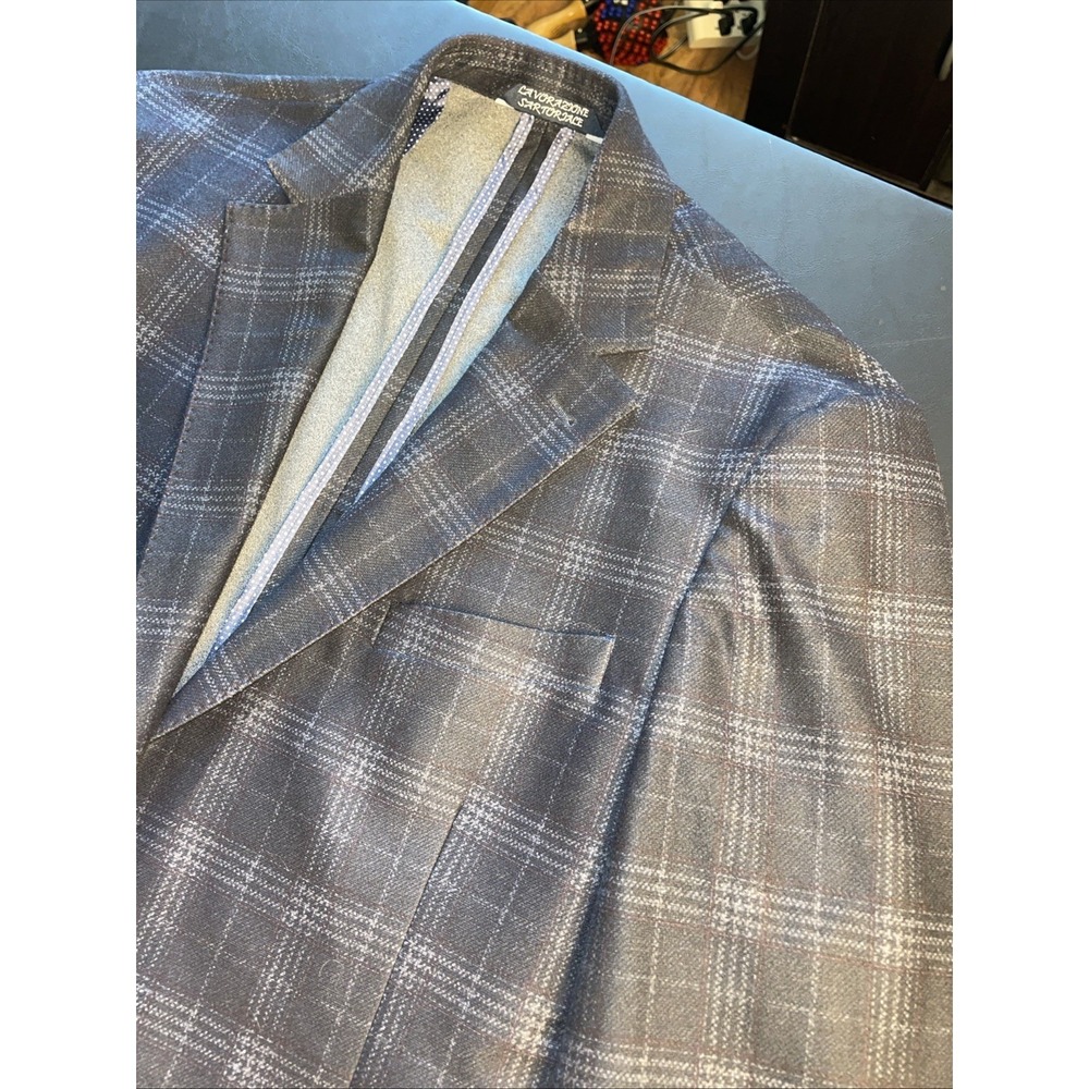 Zanetti Mens 42L Modern Fit Unstructured Black Gray Poly Blend Plaid Blazer